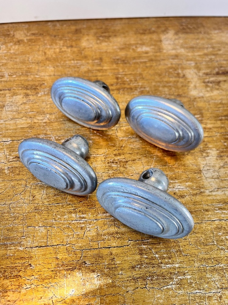 4) Vintage Silver Cast Aluminum Oval Stair Step Art Deco Pattern  door knobs