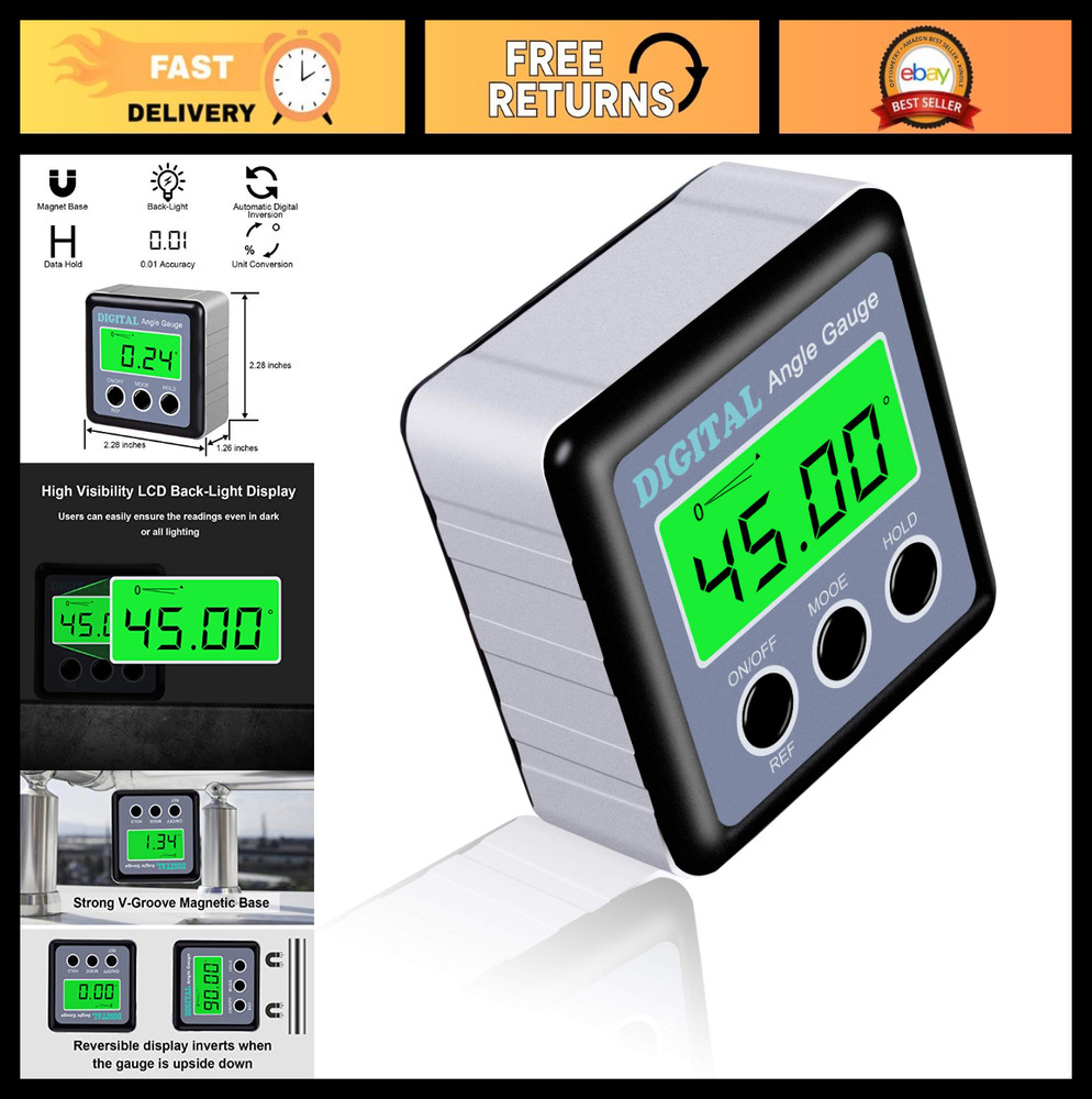 Digital Angle Gauge Protractor - Magnetic Level with LCD Display, V-Groove Base