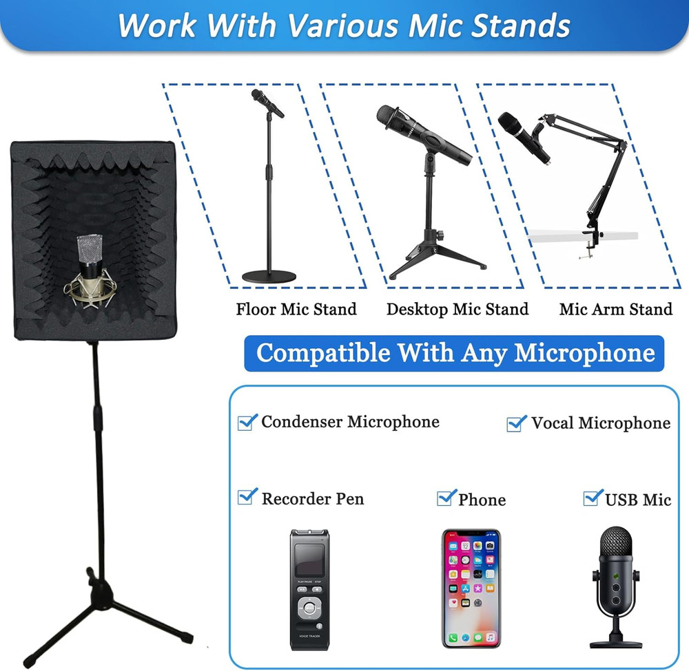Portable Vocal Booth, Large Foldable Microphone Isolation Shield, Music Recordin