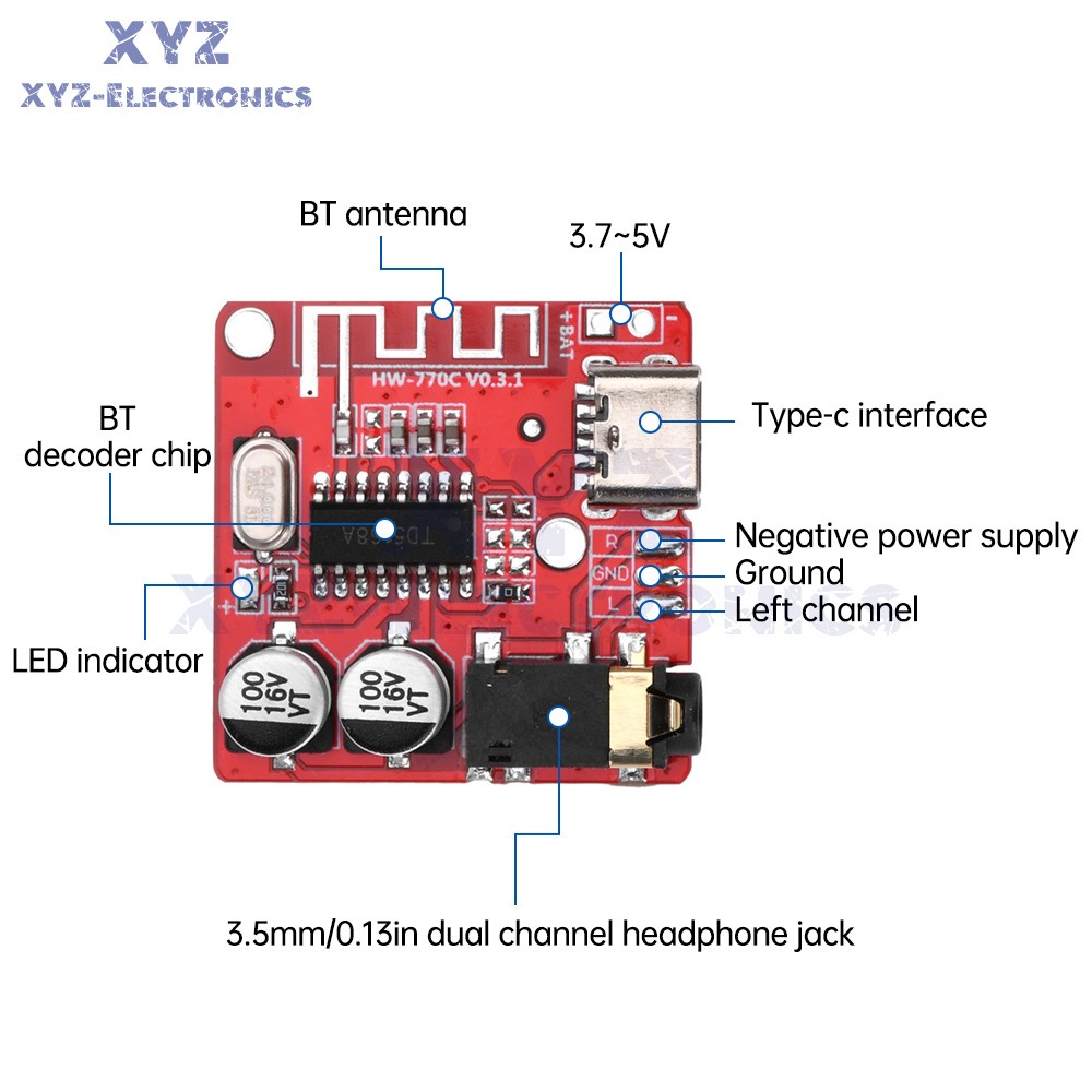 5pcs 3.7-5V Type-c Mini Bluetooth Audio Decoder Board MP3 Audio Receiver Module