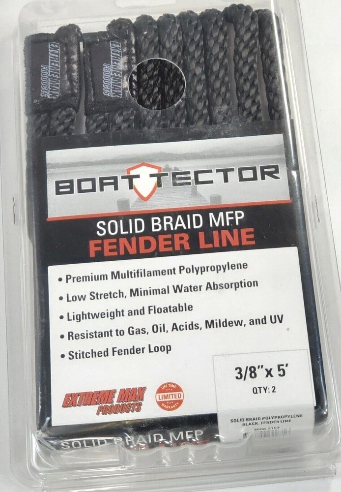 BOAT TECTOR Solid Braid MFP Fender Line 2-Pieces 3/8" x 5', Black