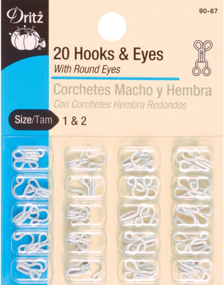Dritz Hooks and Eyes, Size 1 and 2, White, 20 Count