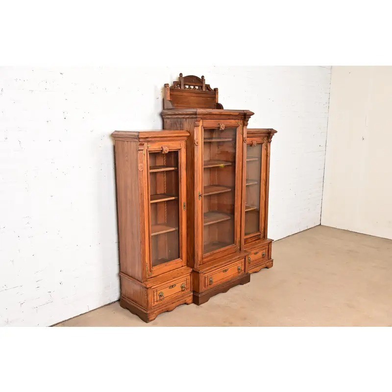 Herter Brothers Style Antique Victorian Carved Oak Bookcase Cabinet, Circa 1880s