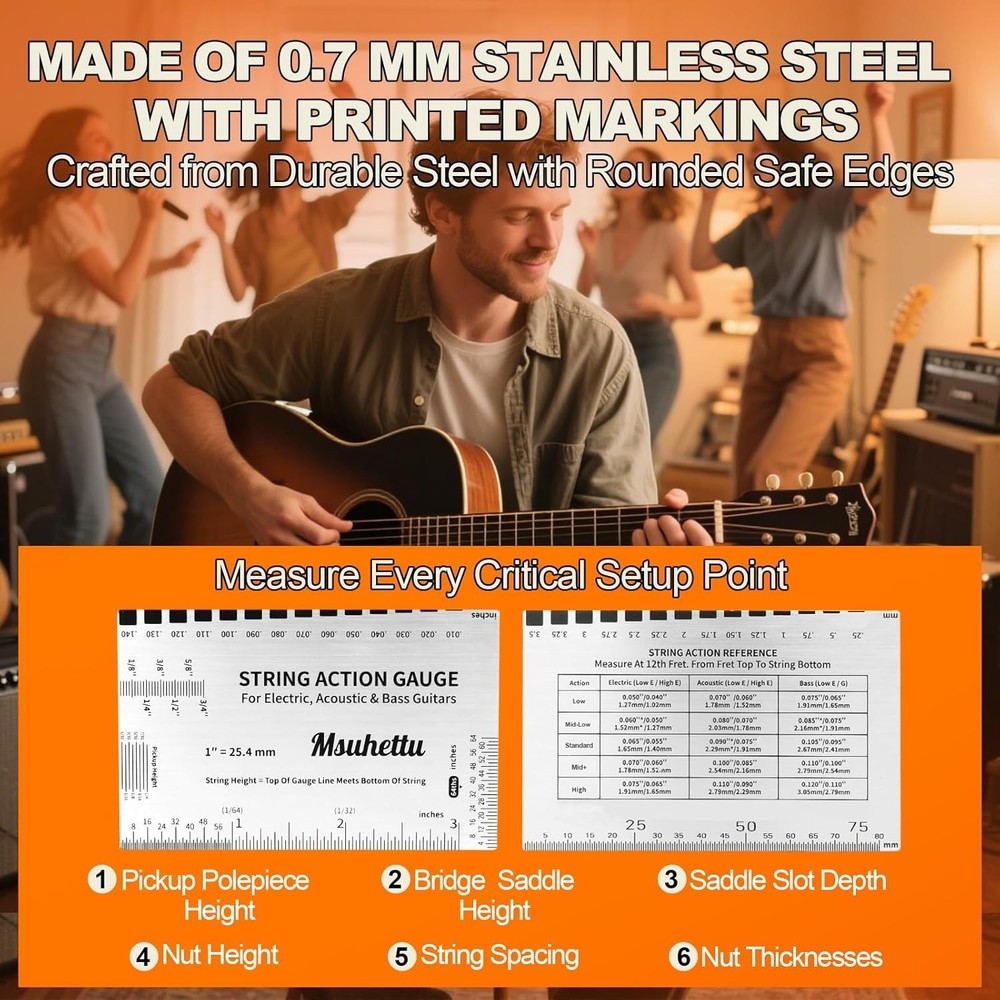 String Action Gauge Ruler, Upgraded Guitar String Height Gauge with Inch