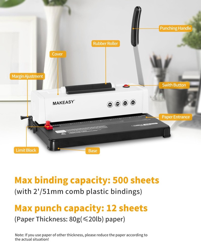 MAKEASY Spiral Binding Machine, 12 Sheets Punch Capacity, Electric Coil Insert,