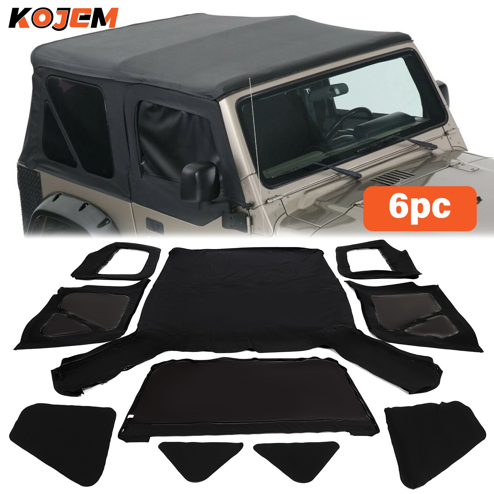 Front Rear Soft Top + Upper Door Skins Diamond Black For 97-06 Wrangler TJ 2 Dr