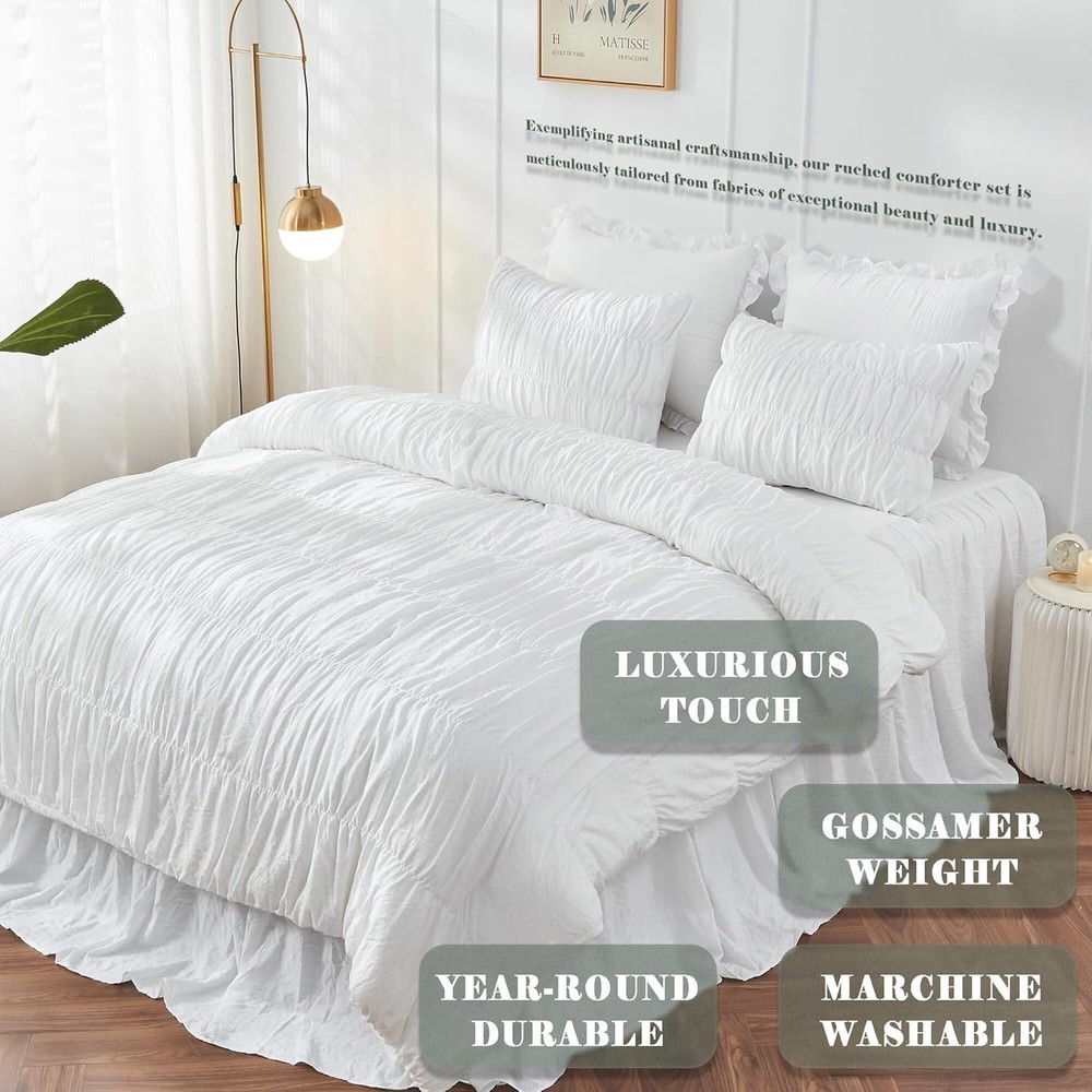 Queen-Size Down Comforter Set - White Bedding - Pleated Down Comforter