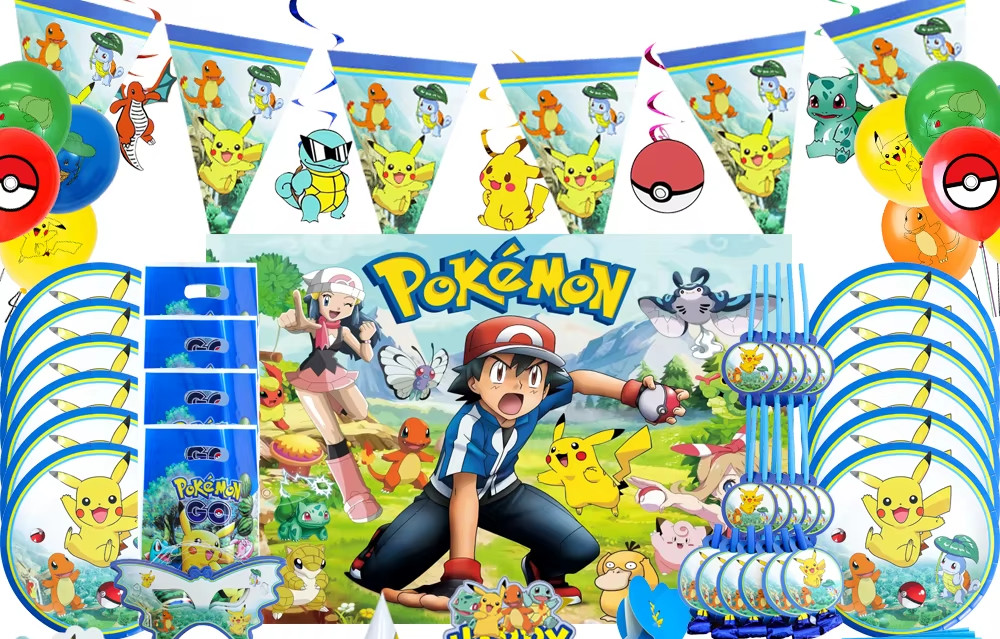 Pokemon birthday Party Supplies set Plates Cups and Table Cover with Banner
