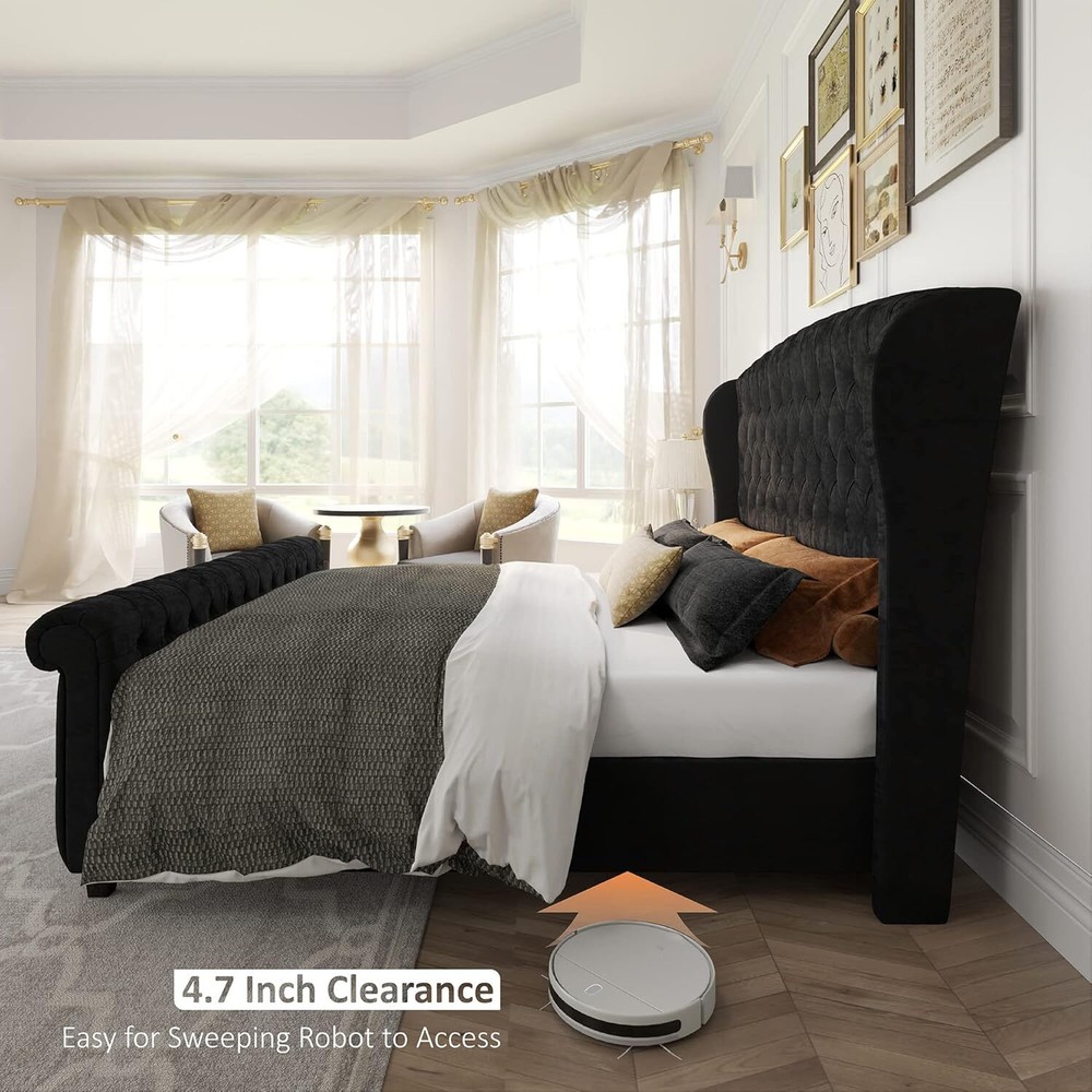 Queen Platform Bed Frame, Chenille Upholstered Sleigh Bed w/Tufted Wingback