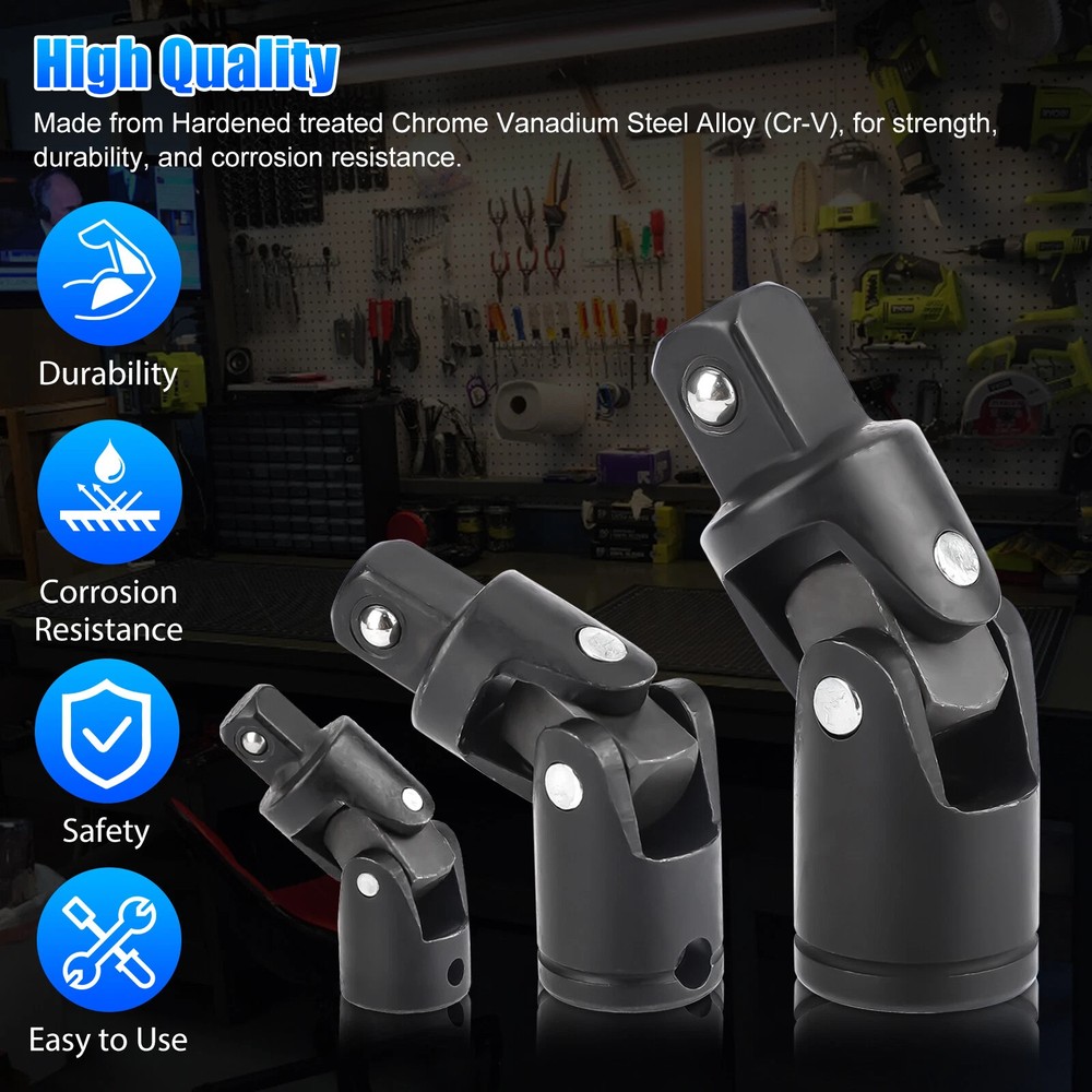 3x 1/4" 3/8" 1/2" Drive Swivel Impact Universal Joint Socket Adapter Tool Set