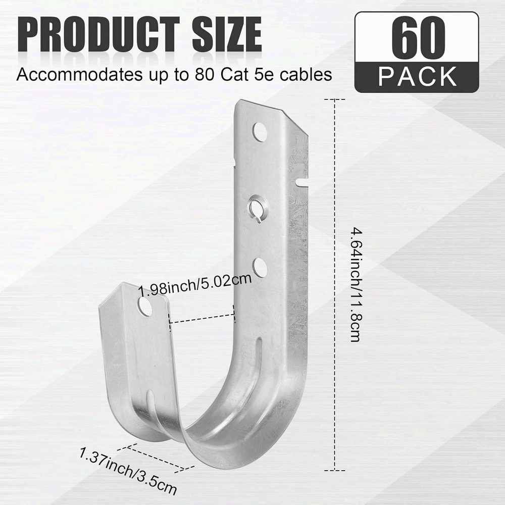 60 Pcs 2" Cable Support J Hooks Heavy Duty Galvanized Steel, Silver