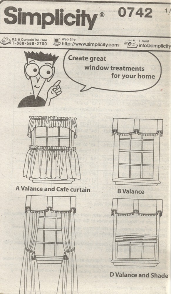 SIMPLICITY 0742 WINDOW TREATMENTS SEWING PATTERN ©2001