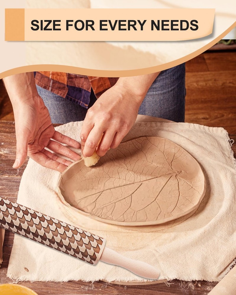 Clay Modeling Pattern Rollers Kit, Wooden Polymer Clay Texture Roller for Pot...