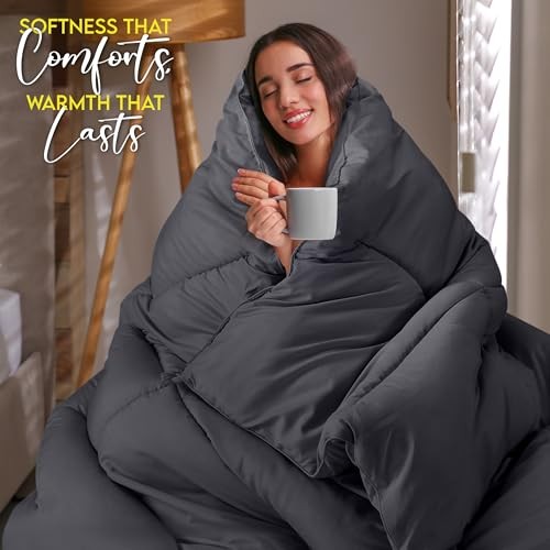 Comforter Duvet Insert, Quilted Comforter with Corner Tabs, Box Queen Grey