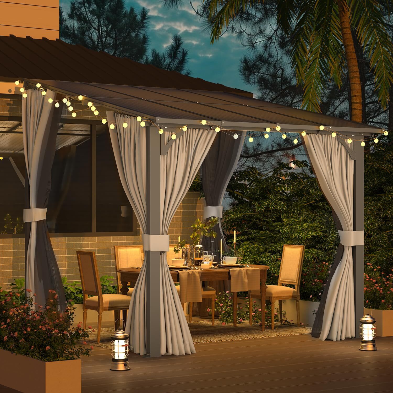 Gazebo for Patio, Wall-Mounted Lean to Pergola Gazebo with Curtains and Netting