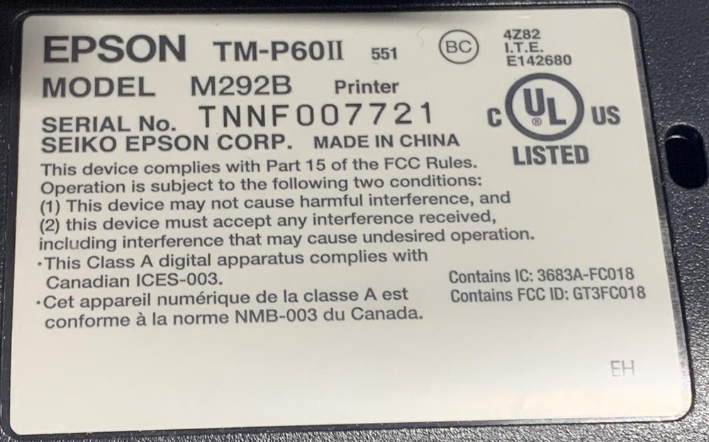Epson M292B Wireless Receipt Printer TM-P60II