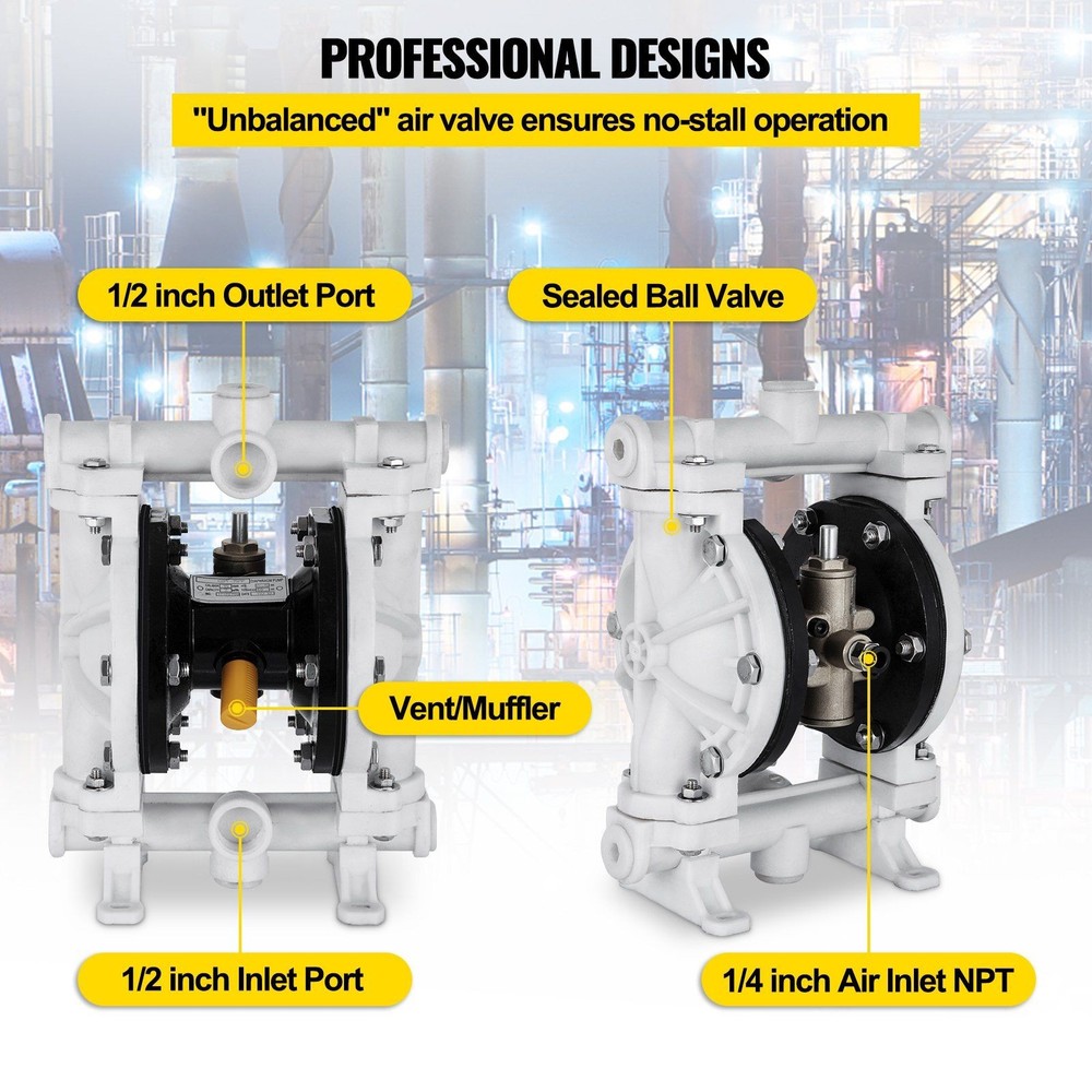 2.5GPM 80PSI Air-Driven Double Diaphragm Pump PP Construction PTFE