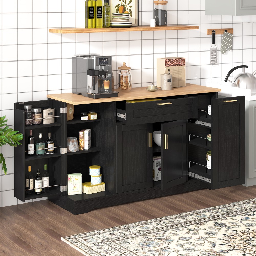 Multi-Functional Storage Sideboard, Extendable Dining Table, Adjustable Shelves