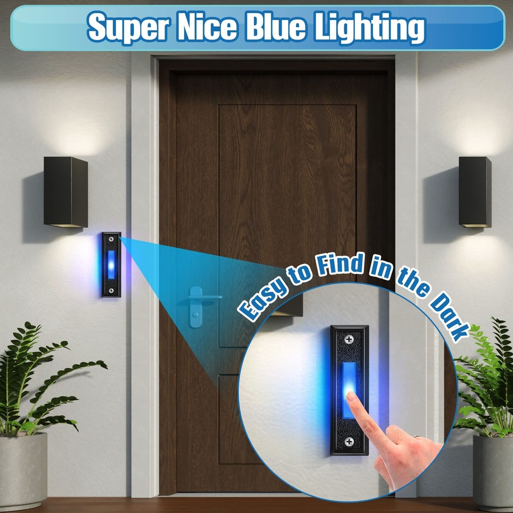 Lighted Doorbell Button Blue LED Wall Mount 2 Pack