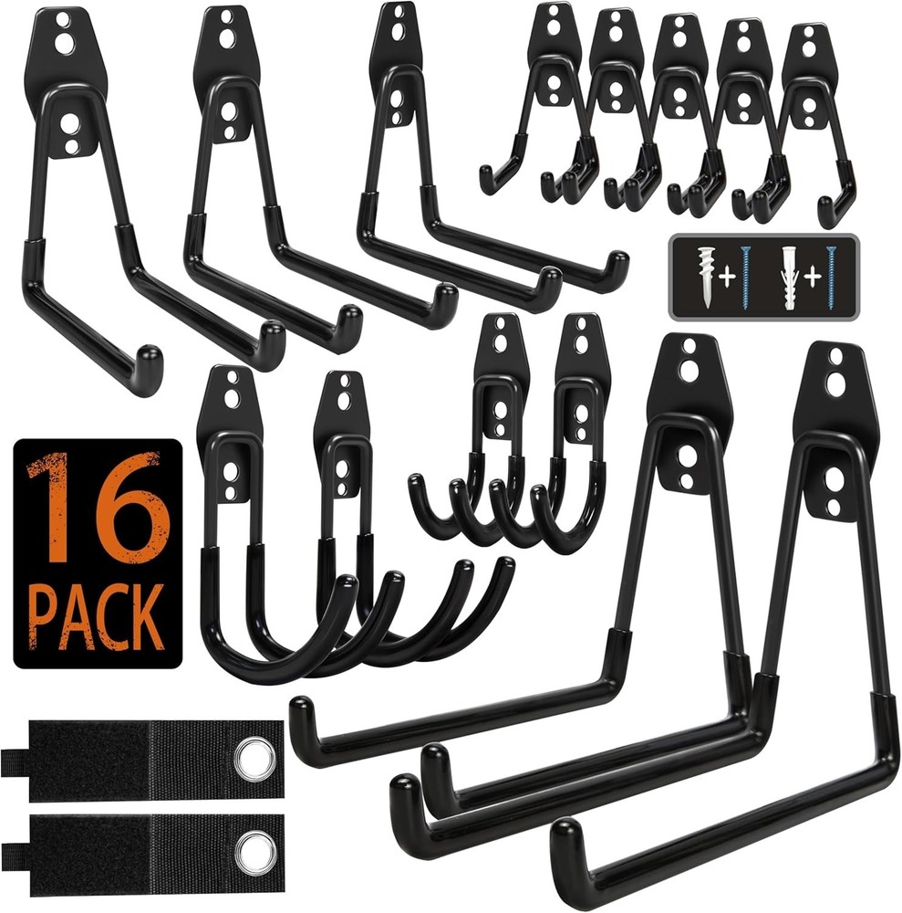 Efficient Storage Solution: 16 Heavy Duty Anti-Slip Garage Hooks for All Needs