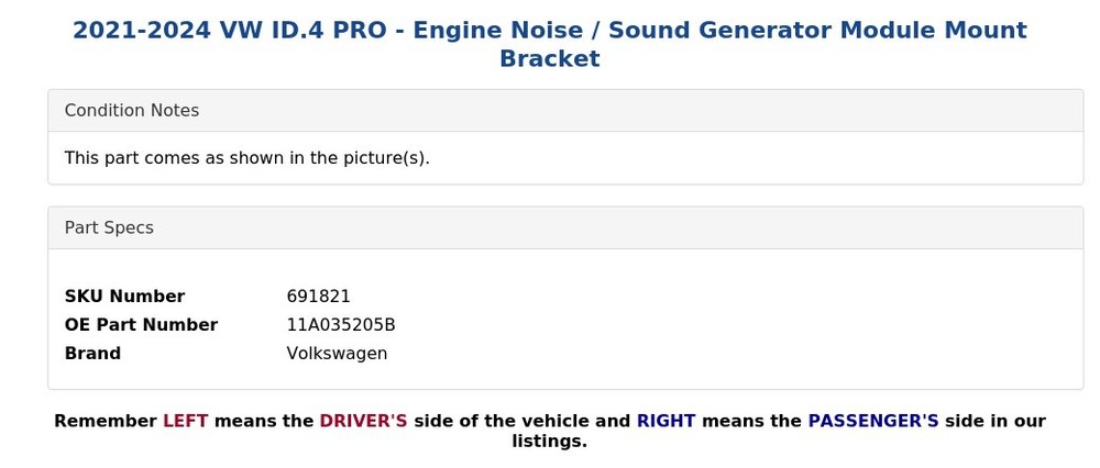 2021-2024 VW ID.4 PRO - Engine Noise / Sound Generator Module Mount Bracket
