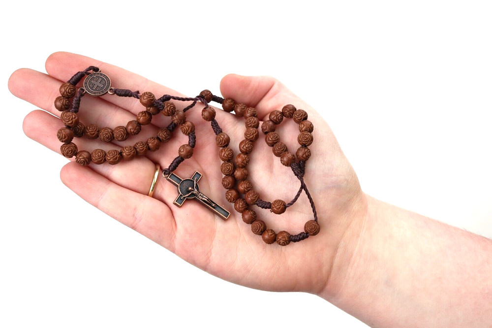 Rosebud Wood Bead Saint Benedict San Benito Centerpiece Standard 5 Decade Rosary