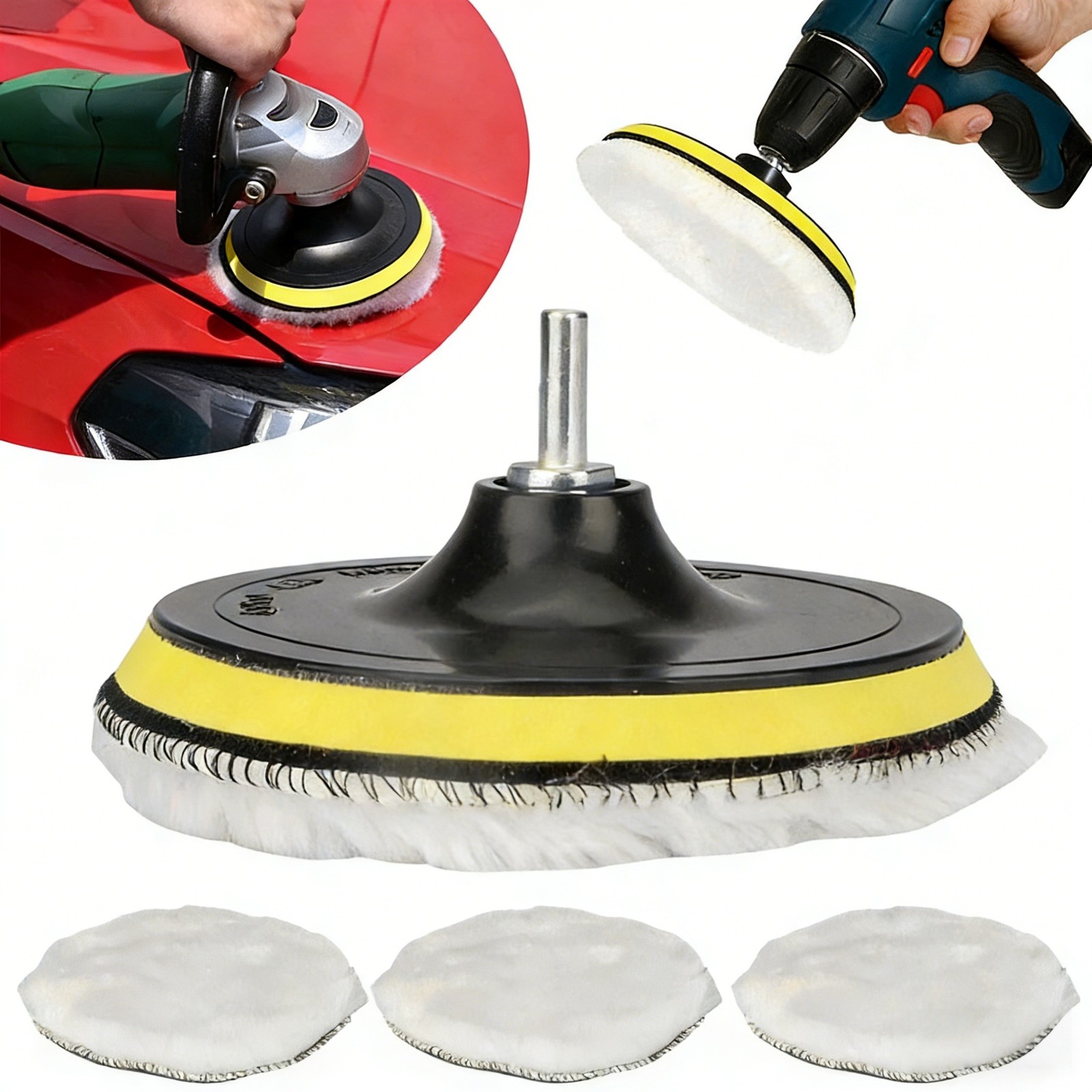 5PCS 6" Buffing Polishing Pad Wool Wheel Mop Kit For Car Polisher Drill Adapter
