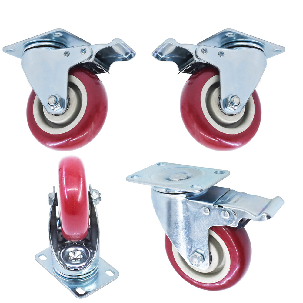 4 Pack 4" Heavy Duty Caster Set Wheels All Swivel & Brake Casters Red