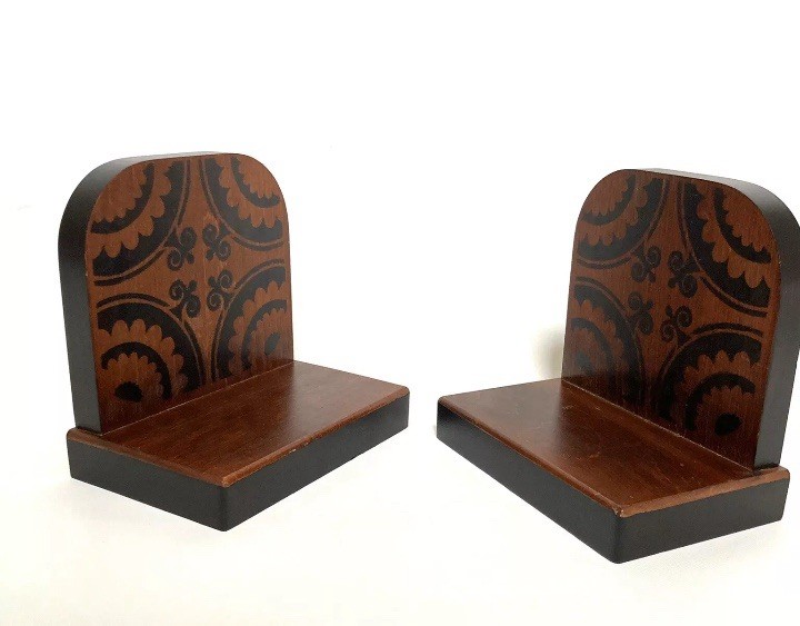 Vtg MC Modern Heritage Solid Wood Walnut Bookends Pattern Painted Art