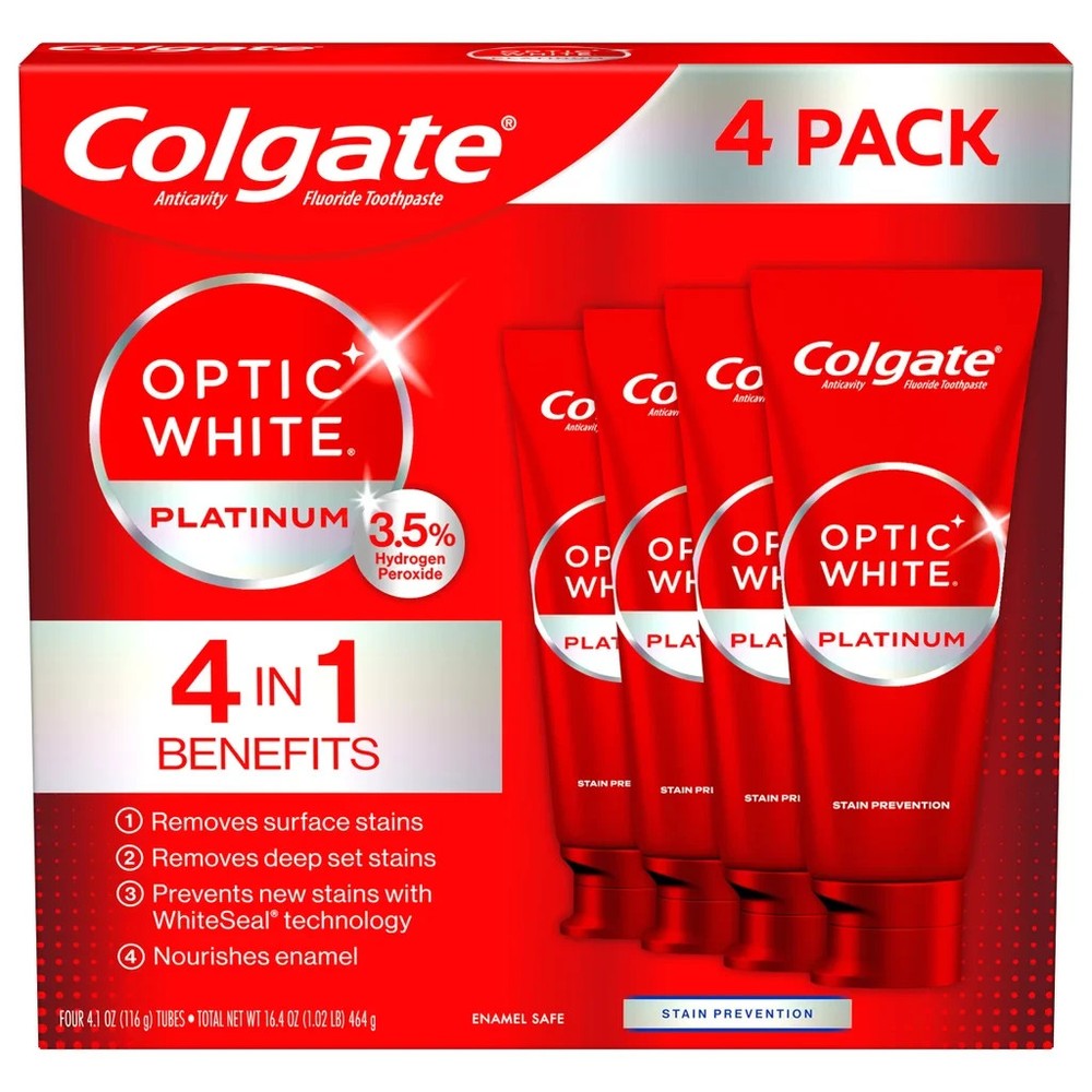 Colgate Optic White Platinum Toothpaste, 4.1 oz, 4-pack