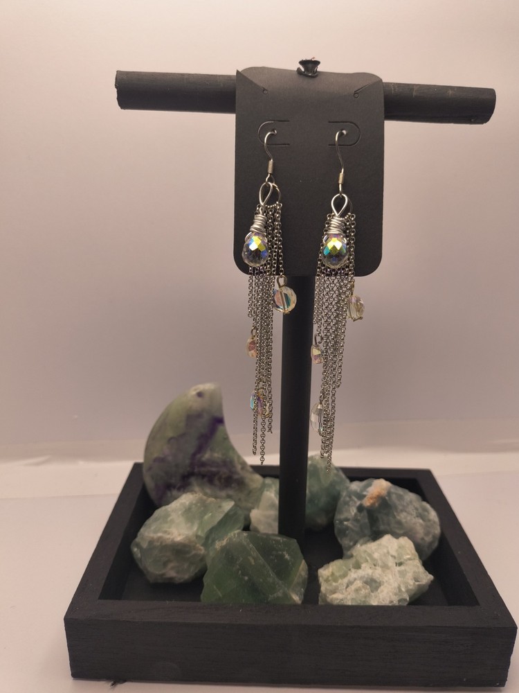 Handcrafted Beaded Dangle Earrings Glass Multicolor Silver Hook Asymmetrical