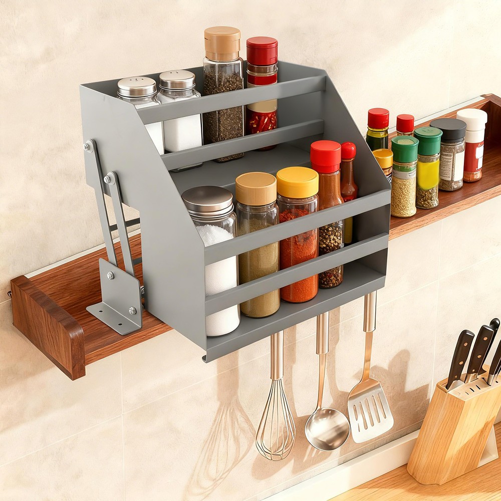 Pull Down Cabinet Organizer 2 Tier Pull-Out Cabinet Wall Shelf Spice Dishes Rack