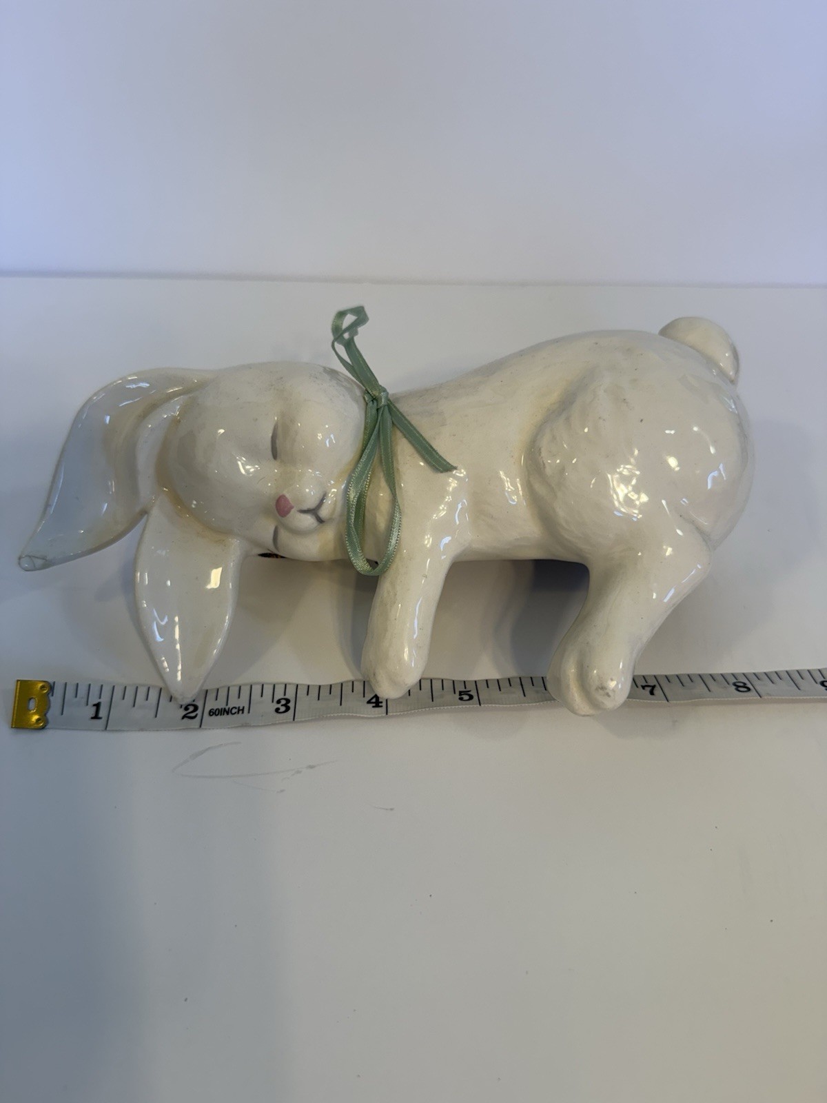Vintage Ceramic Sleeping Bunny Shelf Sitter Hand-painted White Rabbit Ear Repair