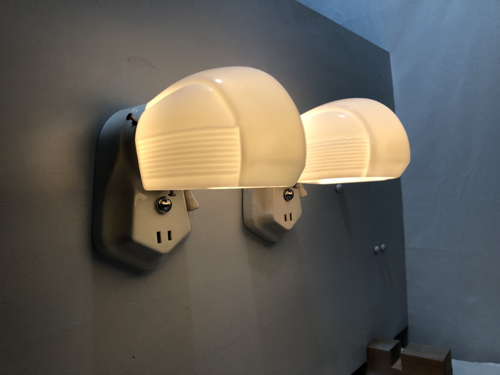 Antique Porcelain Wall Sconce Pair Vtg Light Fixture Ceramic Bath Art USA #L24