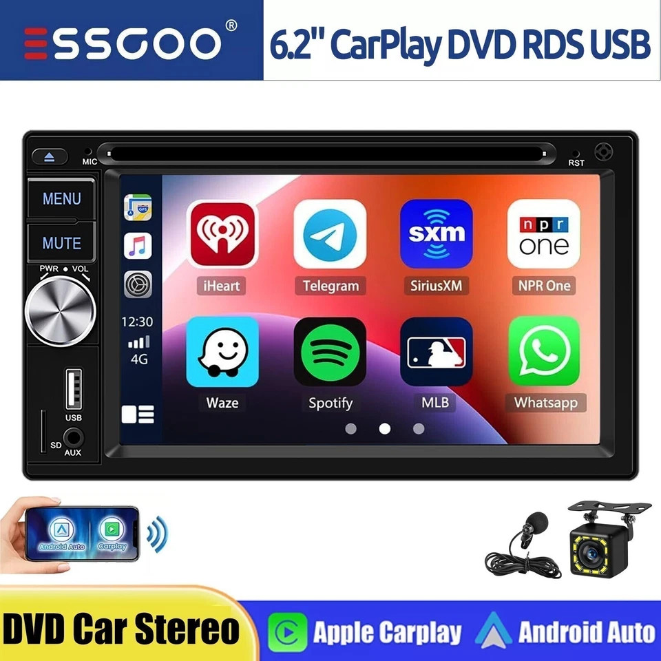 Double DIN Car Radio Stereo CD DVD Player Carplay Android Auto Bluetooth +Camera