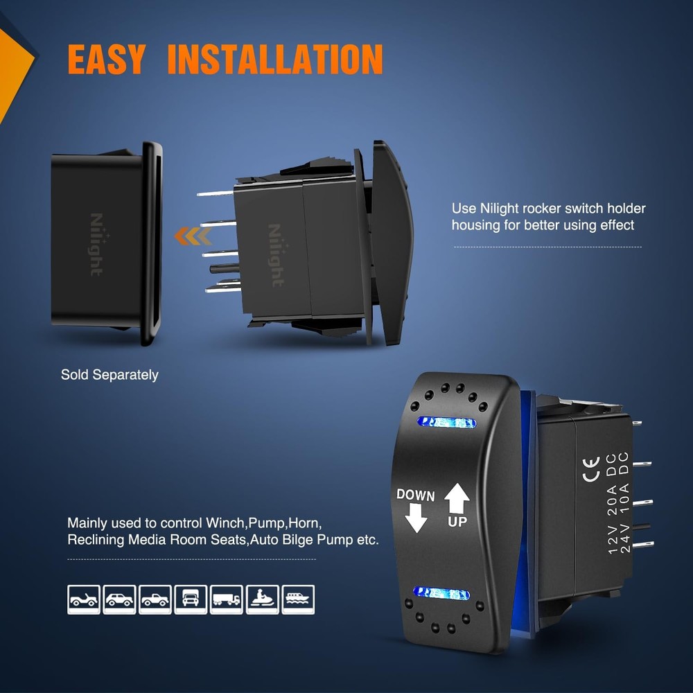 Nilight Down Up Polarity Reverse Blue LED Switch DPDT w/Holder