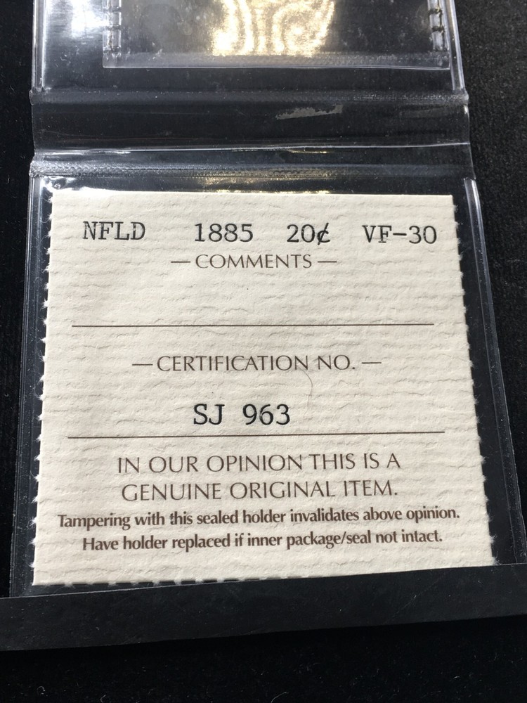 1885 ICCS Graded Newfoundland, ¢20 Cent, **VF-30**