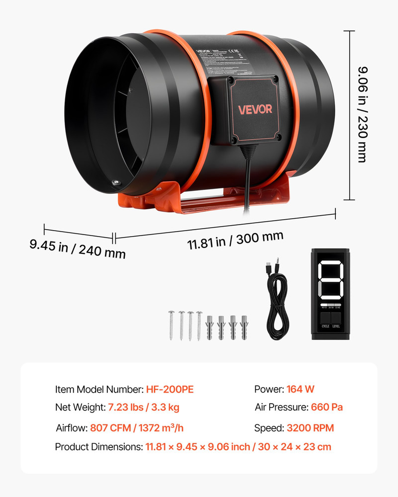 8" Inline Duct Fan 807 CFM EC Motor w/ 10-Speed Controller Timer Ventilation