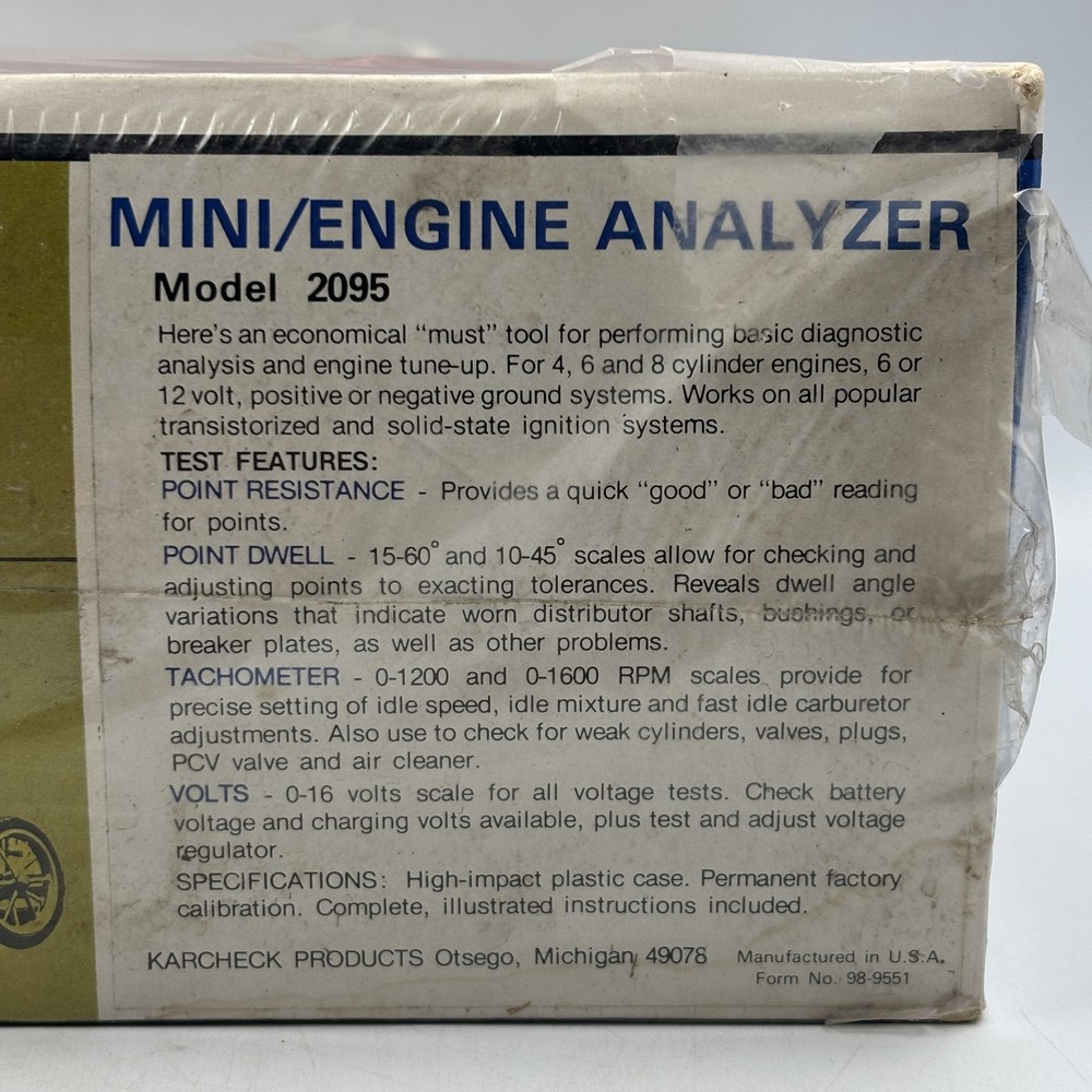 Vtg Kar Check Mini Engine Analyzer Model 2095 Tachometer Dwell Meter Volts NIB