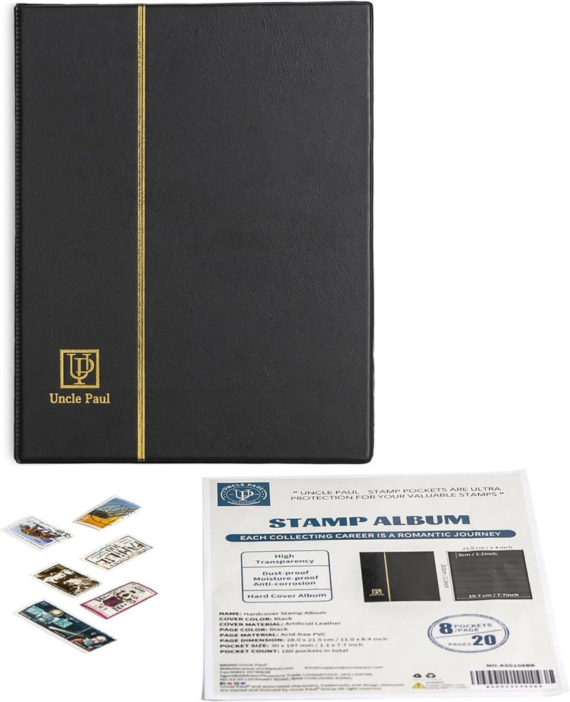 Elegant Black Stamp Album - 160 Pocket Collection Storage with Leatherette Cover