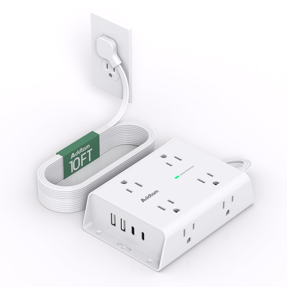 10FT Flat Plug Extension Cord with Multiple Outlets, Surge Protector Power St...