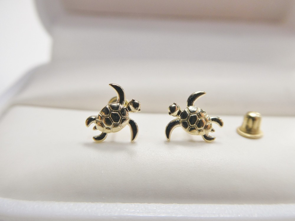 10K REAL SOLID YELLOW GOLD TURTLE SCREW BACK POST EARRINGS