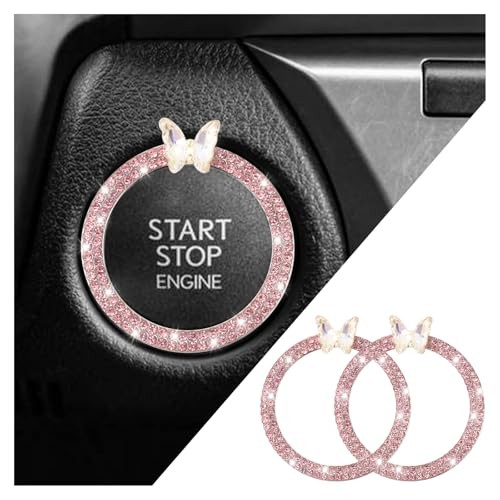 2PCS Car Engine Push Start Button Cover Decoration Ring,Bling Butterfly Pink