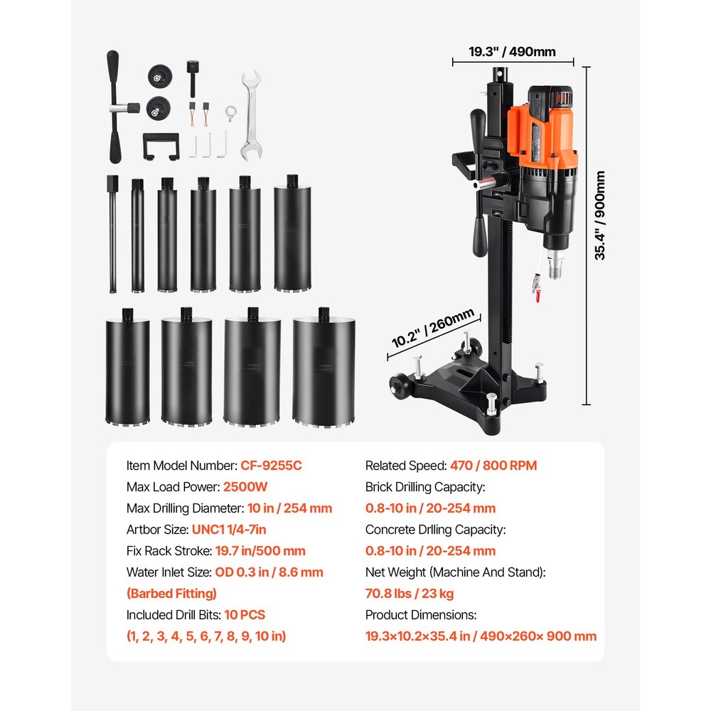 Diamond Core Drill Machine Concrete Core Drill Rig with Stand 10 in 2500W