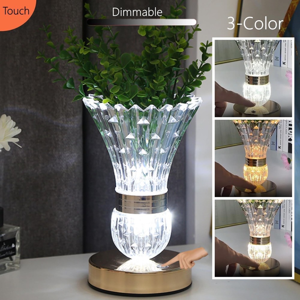 Crystal LED Vase Table Lamp, Touch Control, Night Light, Dimmable, Rechargeable