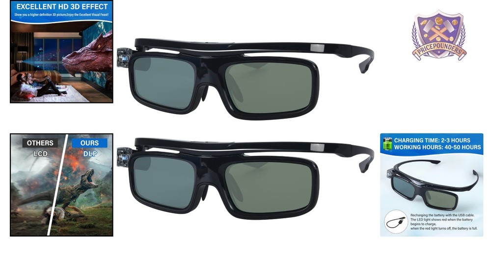 3D Glasses Active Shutter Rechargeable for DLP-Link Projectors 2 Pack