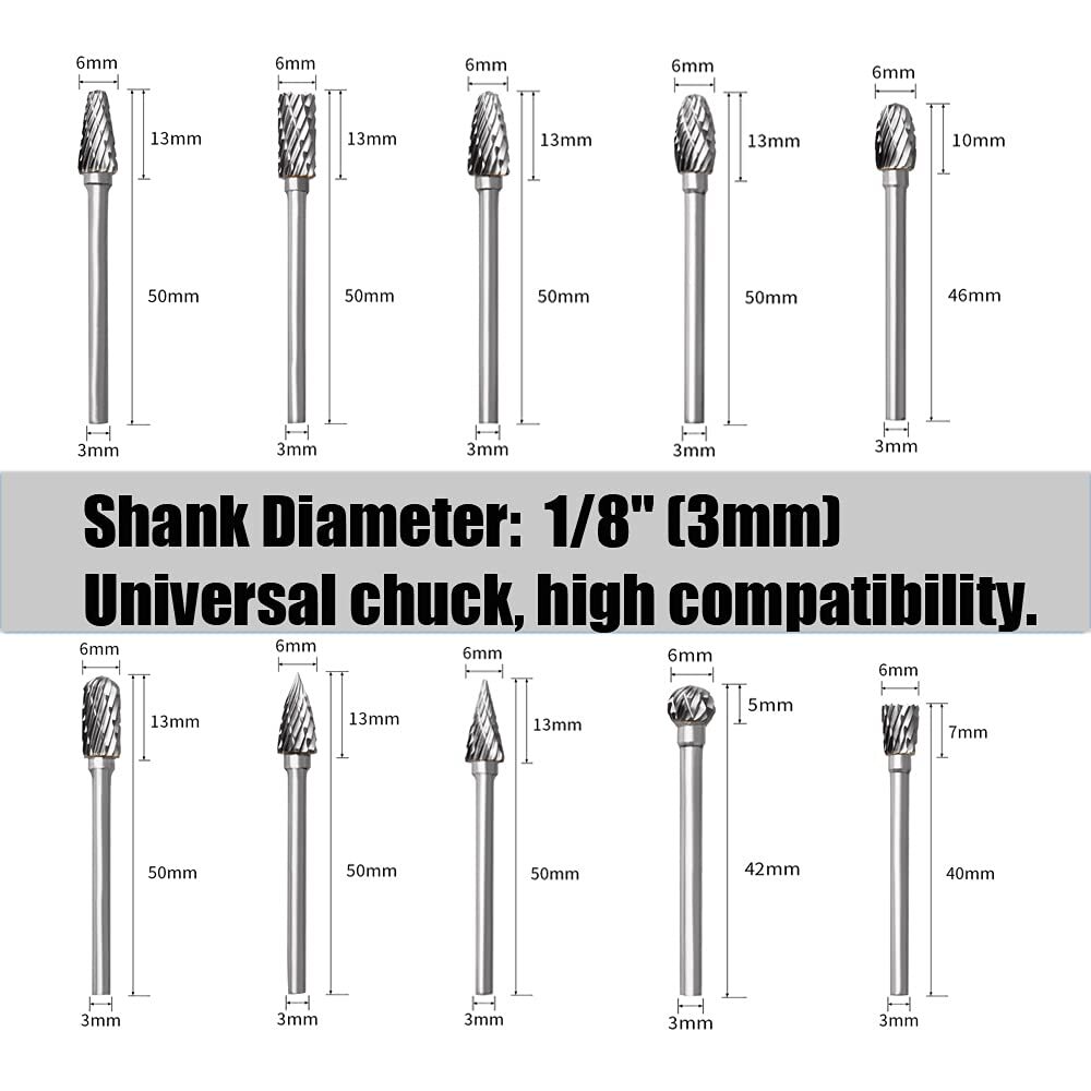 1/8" Shank Carbide Burr Bits Compatible with Dremel Bits Metal Grinding Bits