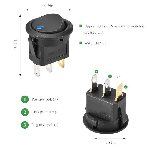 3PCS Rocker Toggle Switch, 12V 20A Round Dot Lighted Rocker On-Off Blue