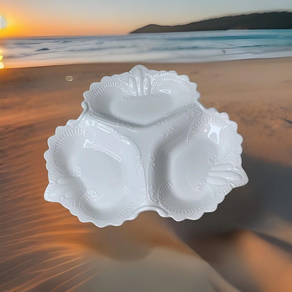 Vtg 11” White Scroll work 3 section Ceramic Serving Plate Platter Hearts Italy