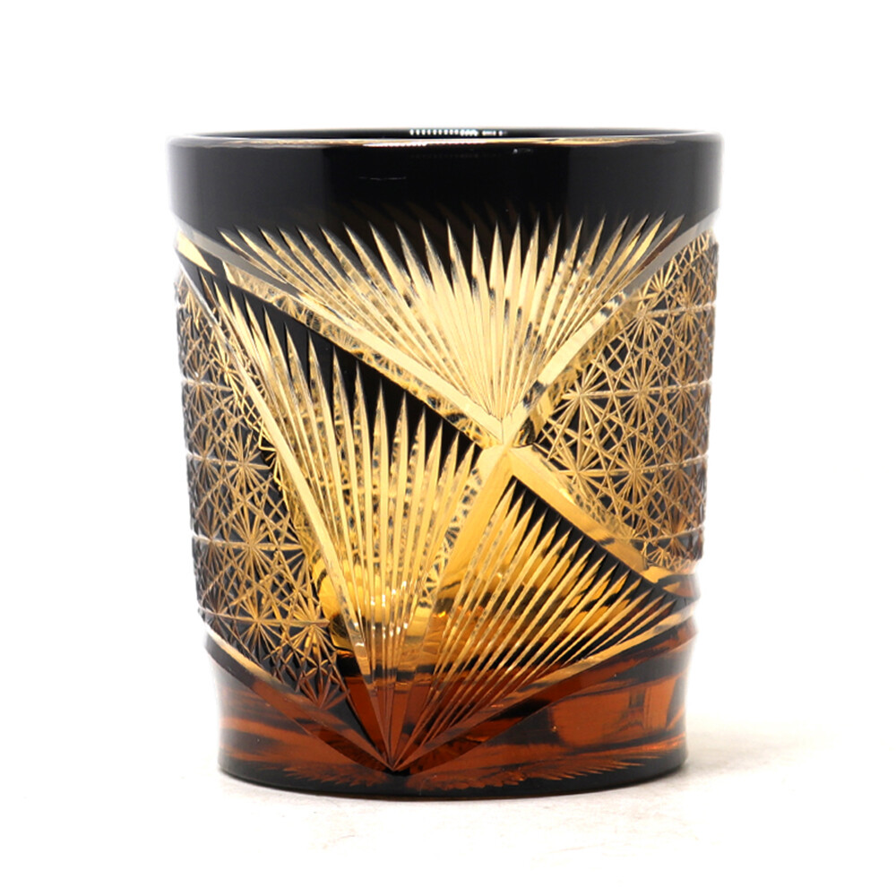 Hand blown hand cut whiskey glasses color overlay glass gifts amber black 9 Ozs